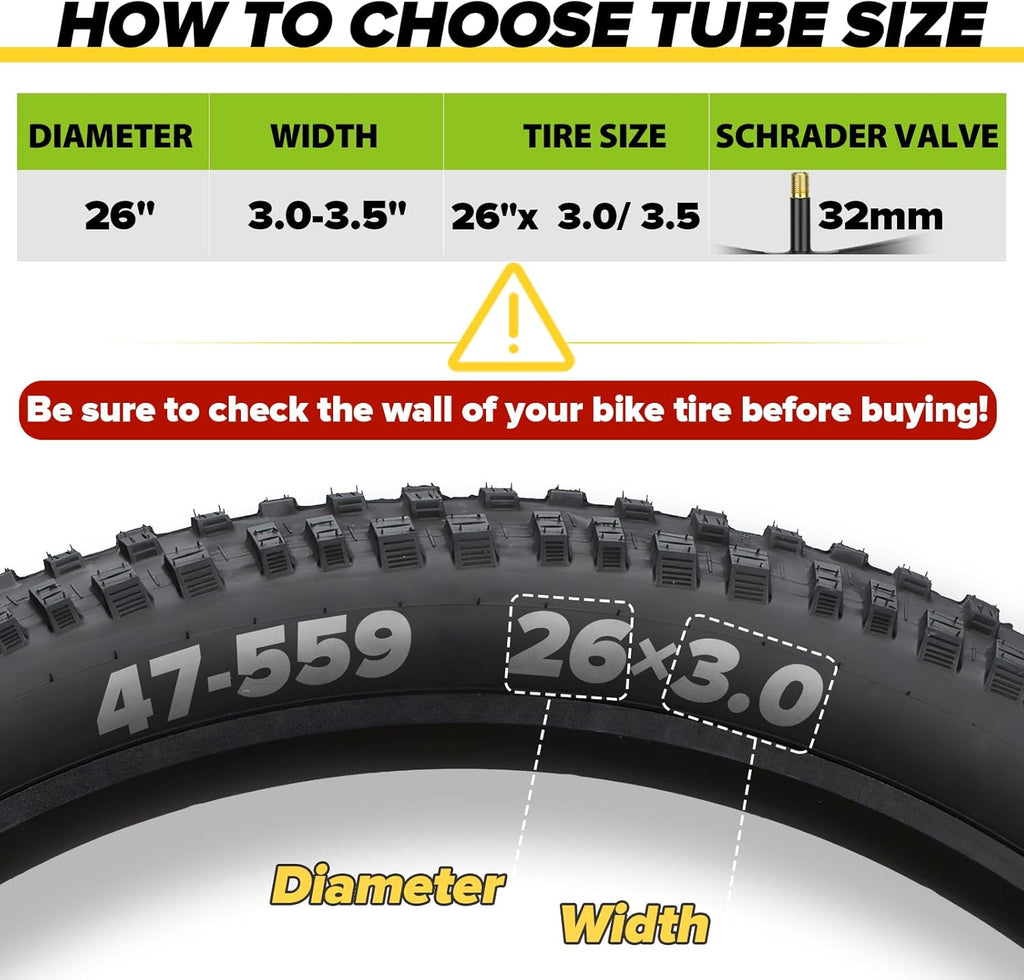 2 Pack 26x3.0-3.5, 2 Pack 26x3.5-4.5 Fat Bike Tube with AV 32mm Valve, Premium Butyl Rubber 26 x 3.5 Fat Tire Bike Tubes with 2 Tire Levers I2744