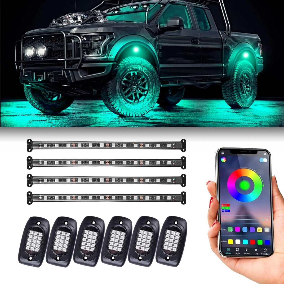 6 Pods RGB LED Rock Lights + 4Pcs RGB Interior LED Lights, Waterproof Music Colors Changing Modes APP Remote Control Neon LED Light Kit Z617501
