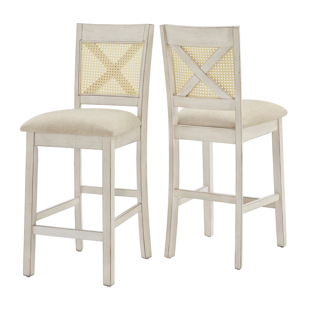 Antique White Beige Linen Counter Height Chair Set of 2 J634485