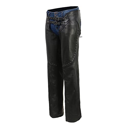 Black Low-Rise Waist Front Double Buckle Rivet Detailing Motorcycle Chaps P2352
