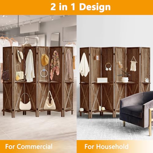Brown Wooden Pegboard Room Divider with 16 Hooks U920382