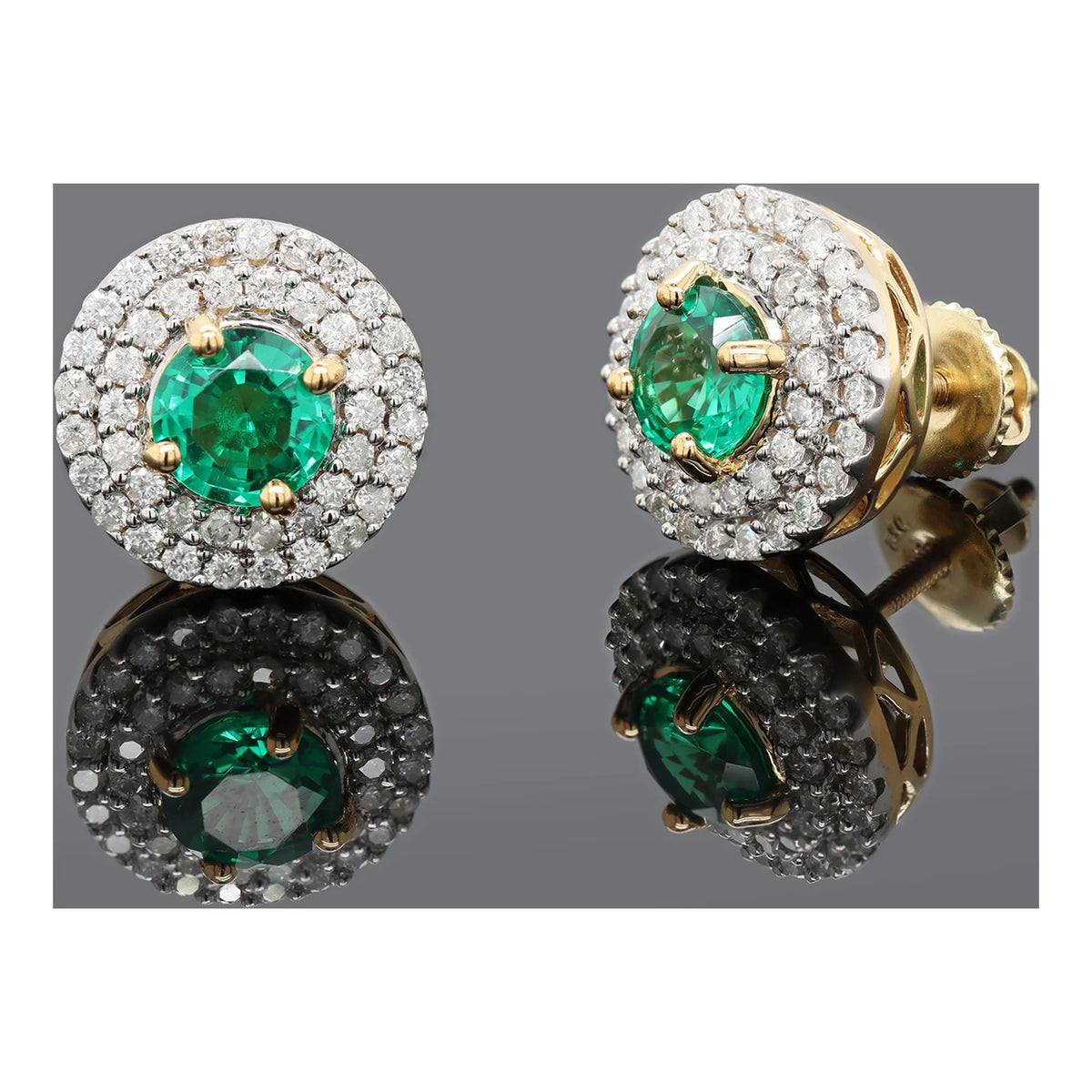 3 Carat Round Green Emerald and Natural Diamond Double Halo Stud Earrings in 18K Yellow Gold Plated A7975