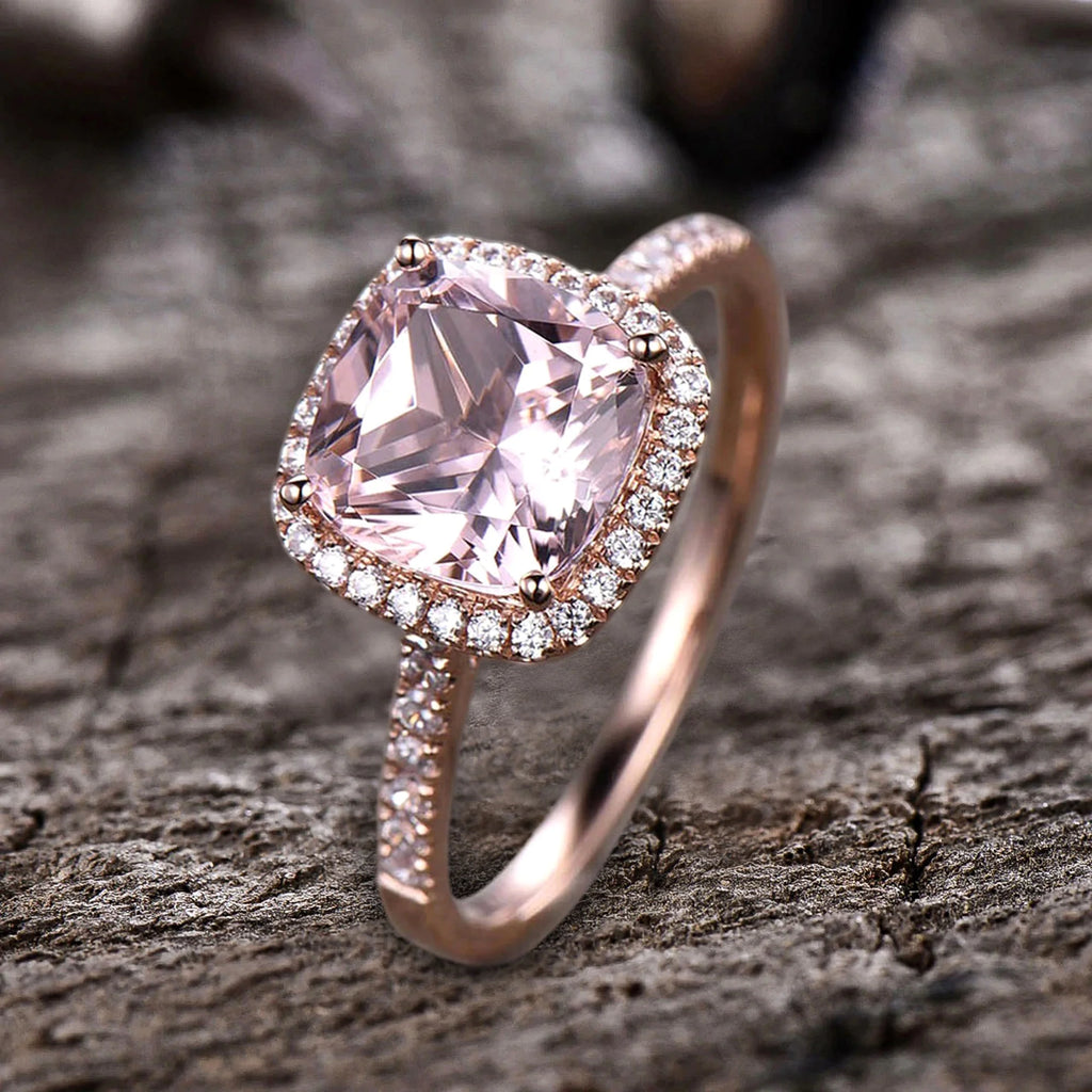 10mm 4.75 Carat Cushion Cut Pink Morganite 10k Rose Gold Halo Engagement Ring C64160