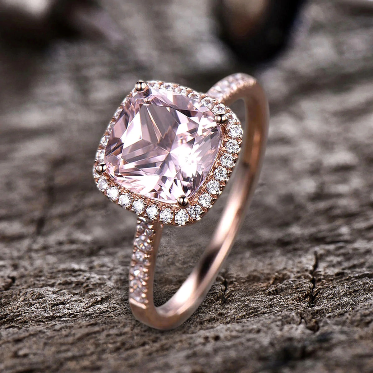 10mm 4.75 Carat Cushion Cut Pink Morganite 10k Rose Gold Halo Engagement Ring C64160