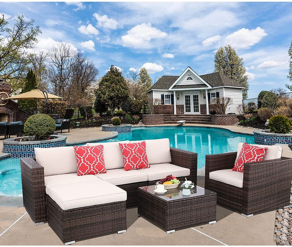 6 Pieces PE Rattan Wicker Outdoor Sofa Conversation Set with Cushions F98478