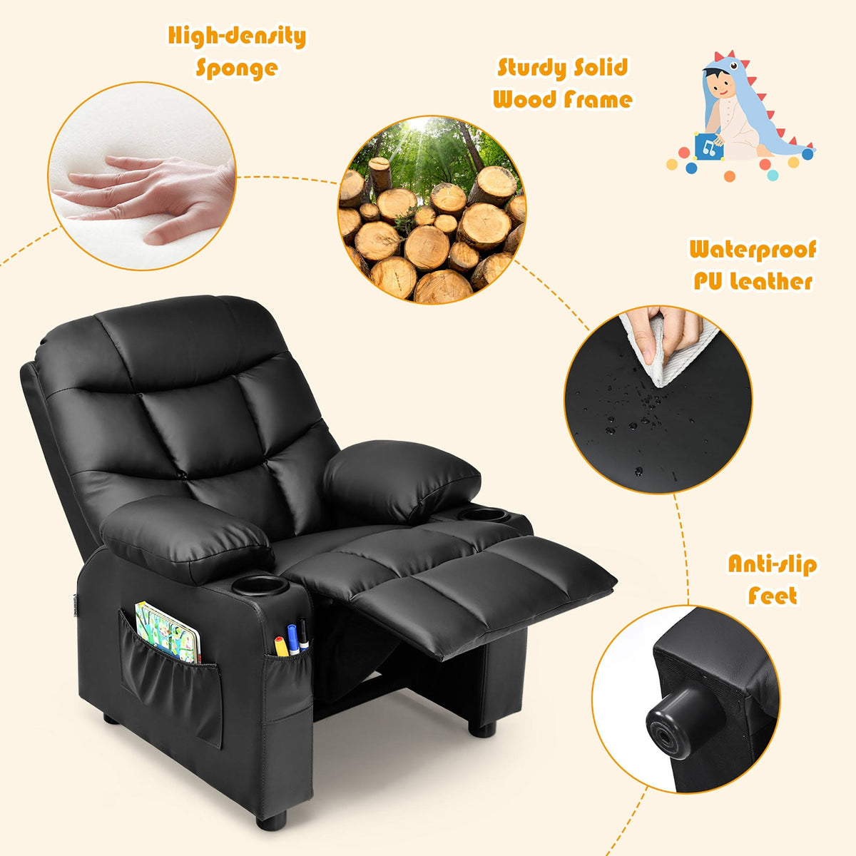 Blue PU Leather Kids Recliner Chair with Cup Holders Q84454