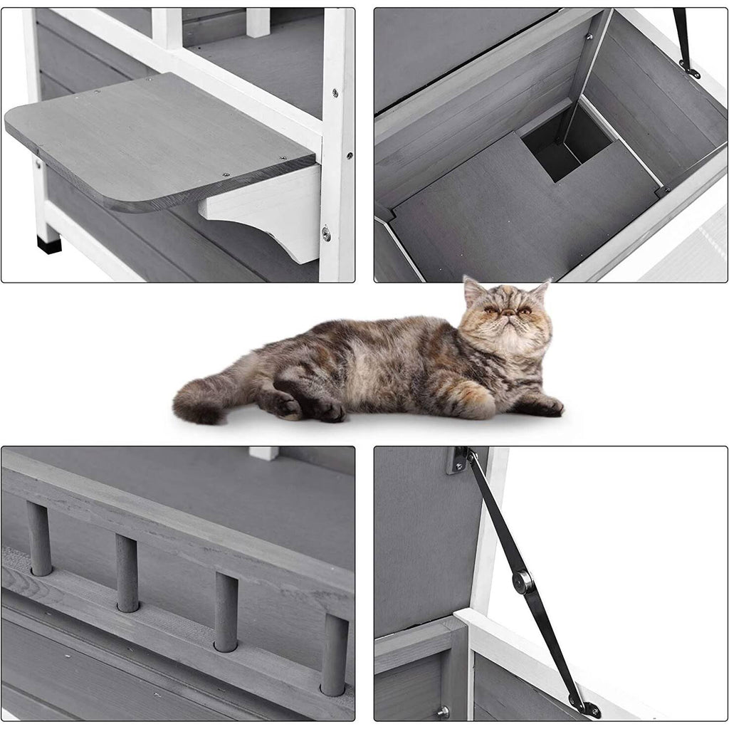 2-Story Weatherproof Wooden Cat Shelter House with Transparent PVC Canopy W246