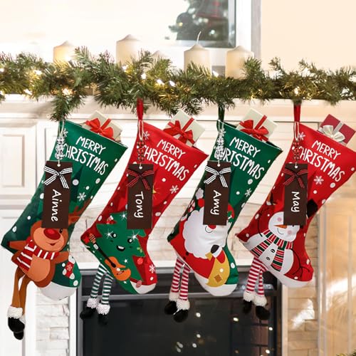 4 Pack Christmas Stockings with Name Tags, 18" Large Non-Woven Xmas Stocking O8670