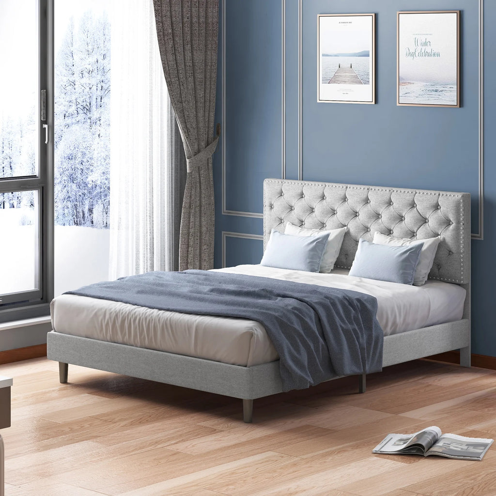 King Upholstered Platform Bed Frame with Adjustable Headboard L6620