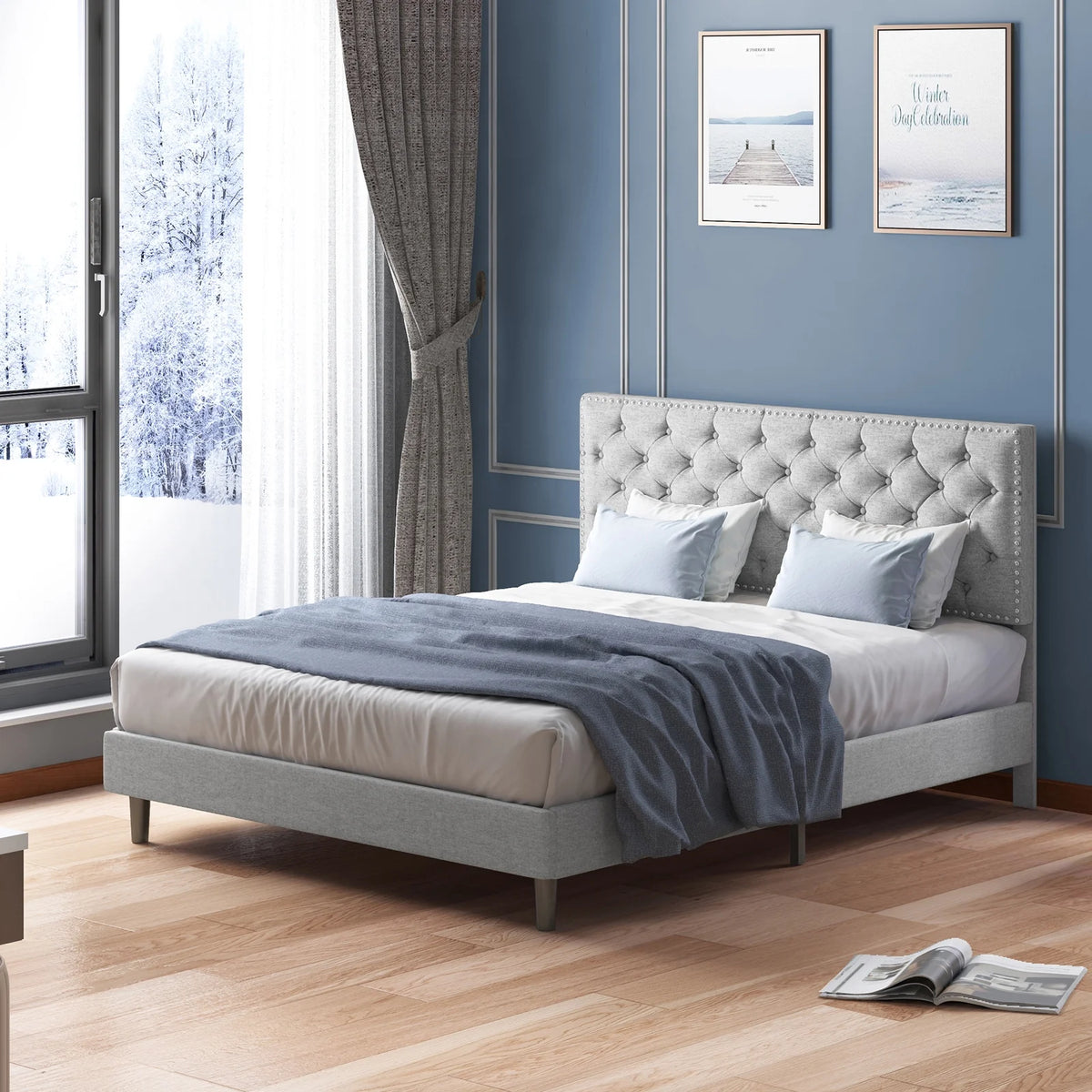 King Upholstered Platform Bed Frame with Adjustable Headboard L6620