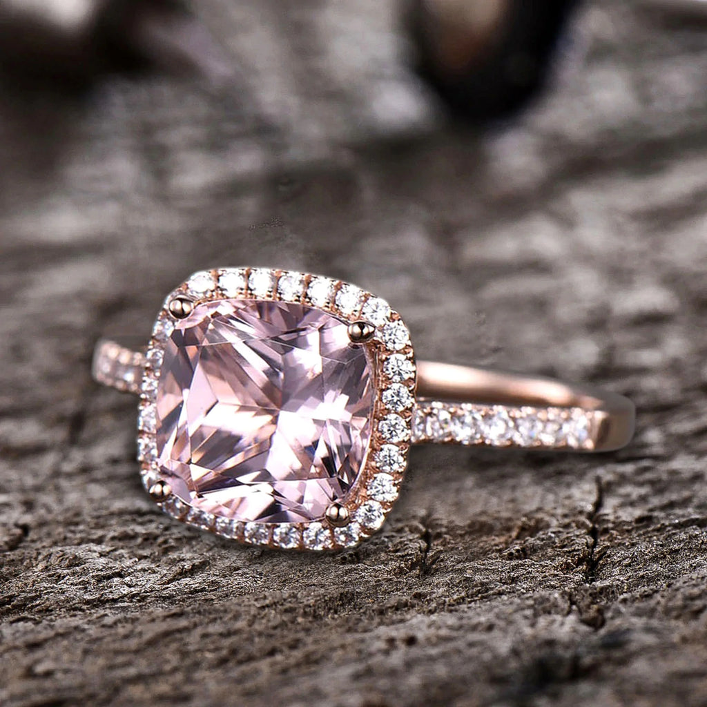 10mm 4.75 Carat Cushion Cut Pink Morganite 10k Rose Gold Halo Engagement Ring C64160
