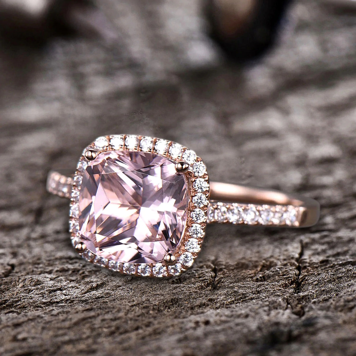 10mm 4.75 Carat Cushion Cut Pink Morganite 10k Rose Gold Halo Engagement Ring C64160