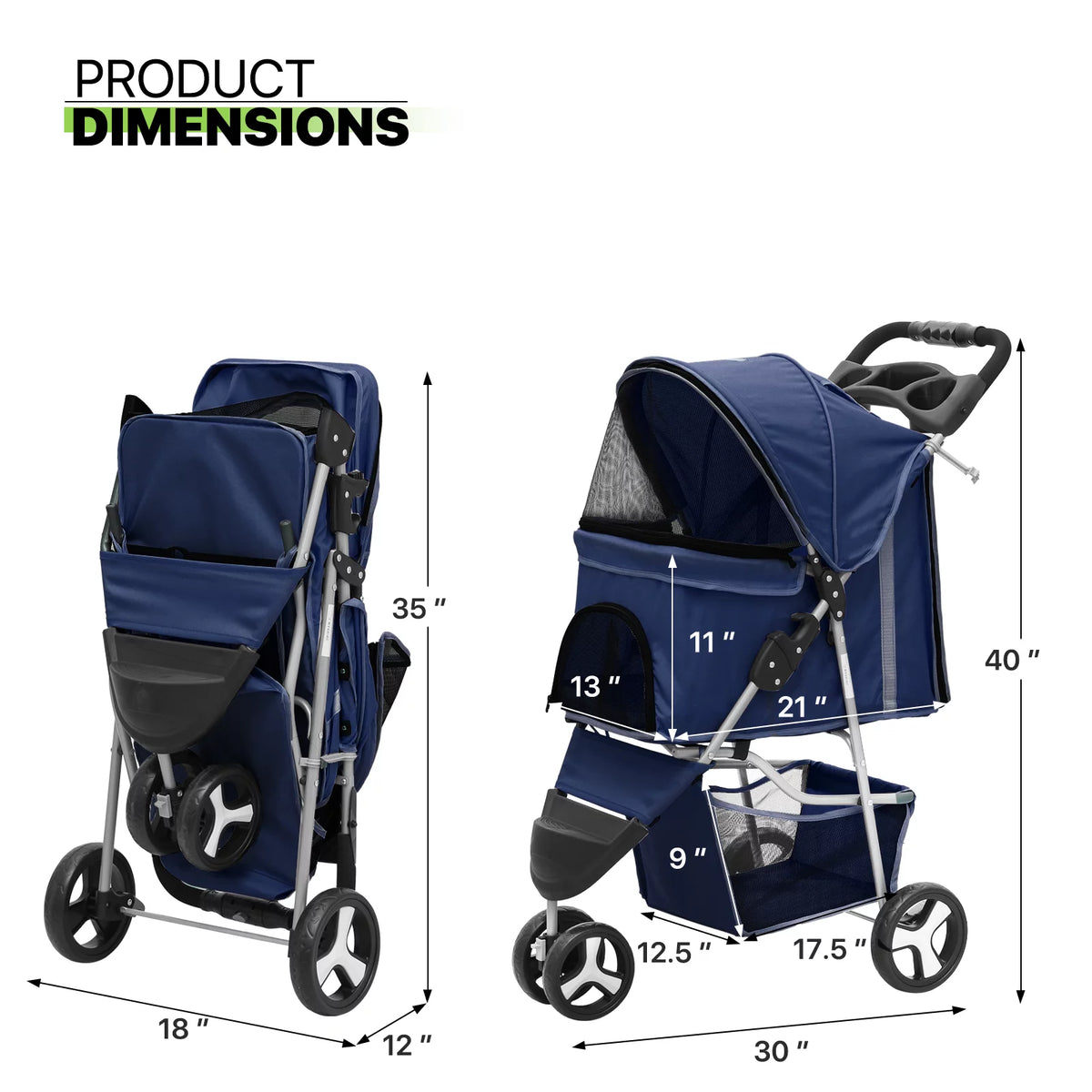 Foldable Pet Stroller with Wheels, Storage Basket and Cup Holder, Navy Blue S7069