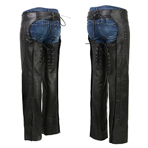 Black Low-Rise Waist Front Double Buckle Rivet Detailing Motorcycle Chaps P2352