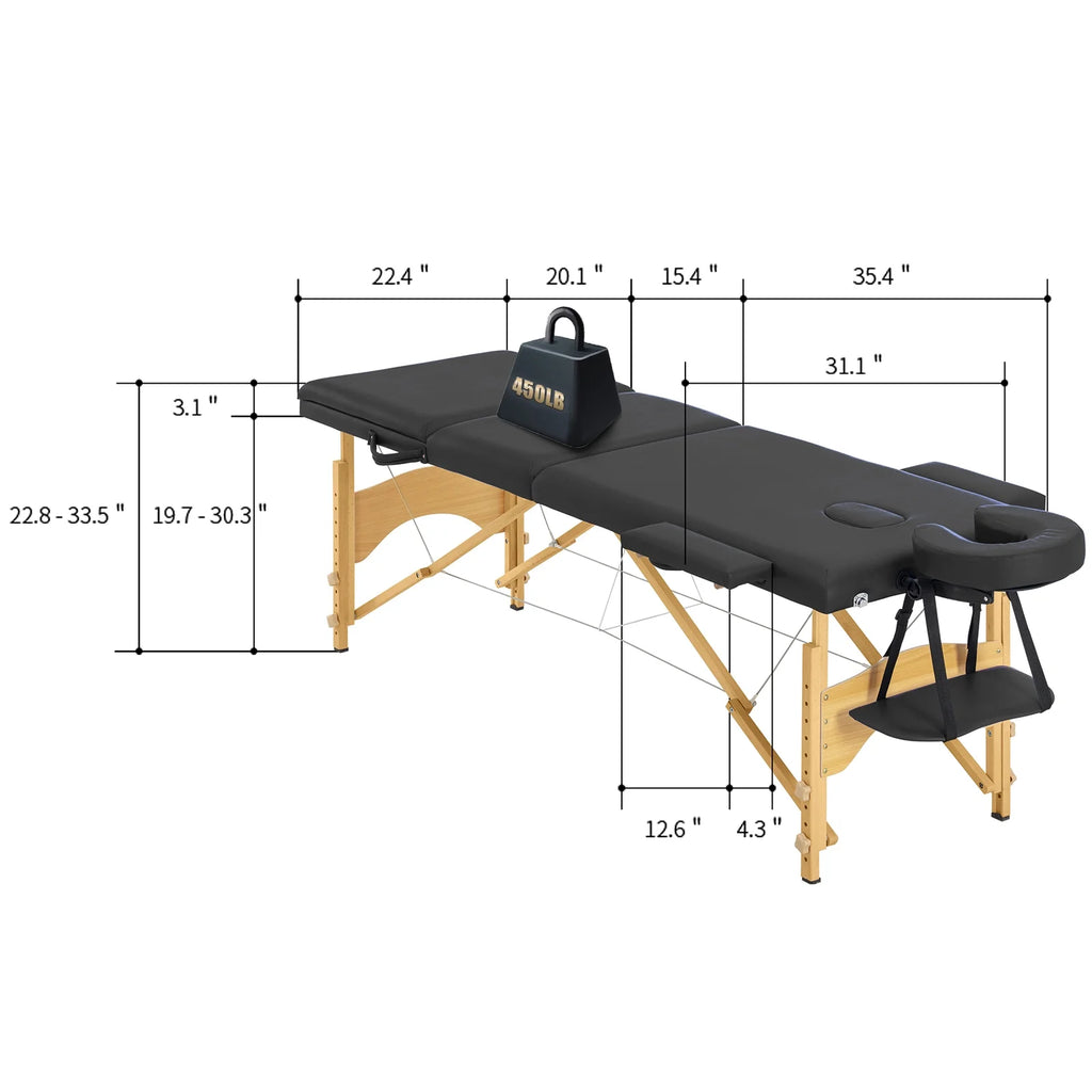 Portable 3 Folding Black Massage Table with Carry Case Y95614