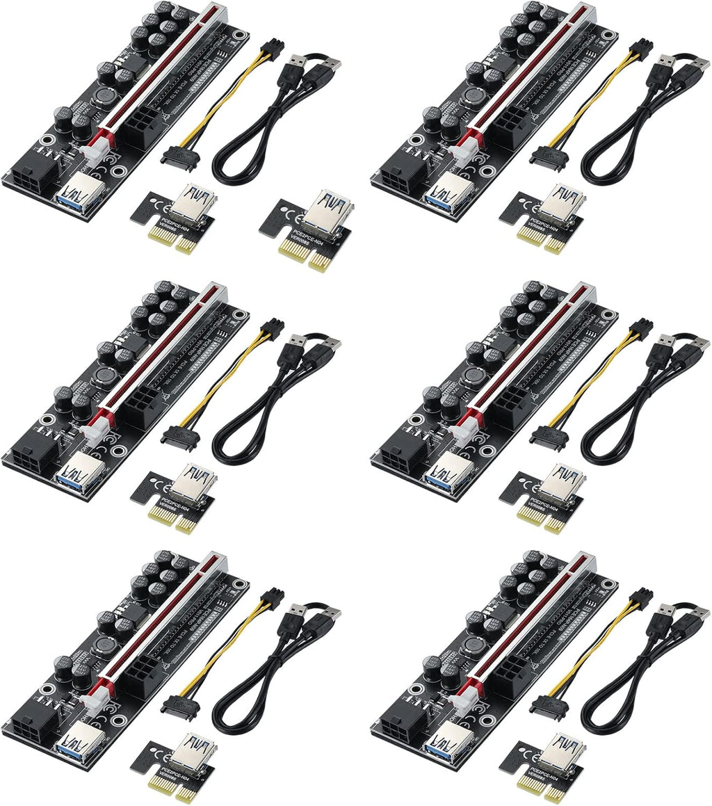Black PCI-E 1X to 16X Riser Card with 24in USB 3.0 Extension Cable & 6PIN SATA Power Cable (6 Pieces) Y2330