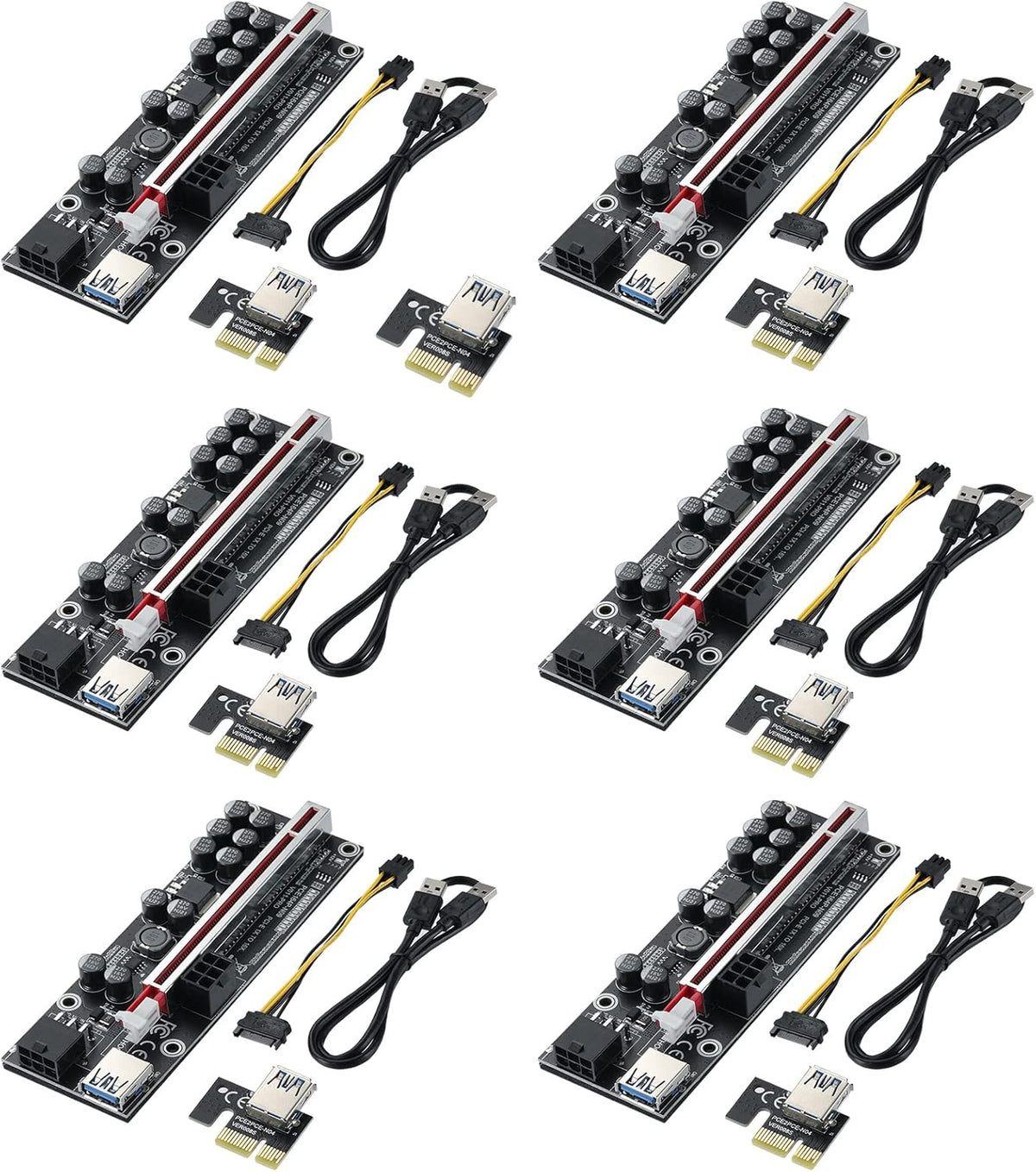 Black PCI-E 1X to 16X Riser Card with 24in USB 3.0 Extension Cable & 6PIN SATA Power Cable (6 Pieces) Y2330