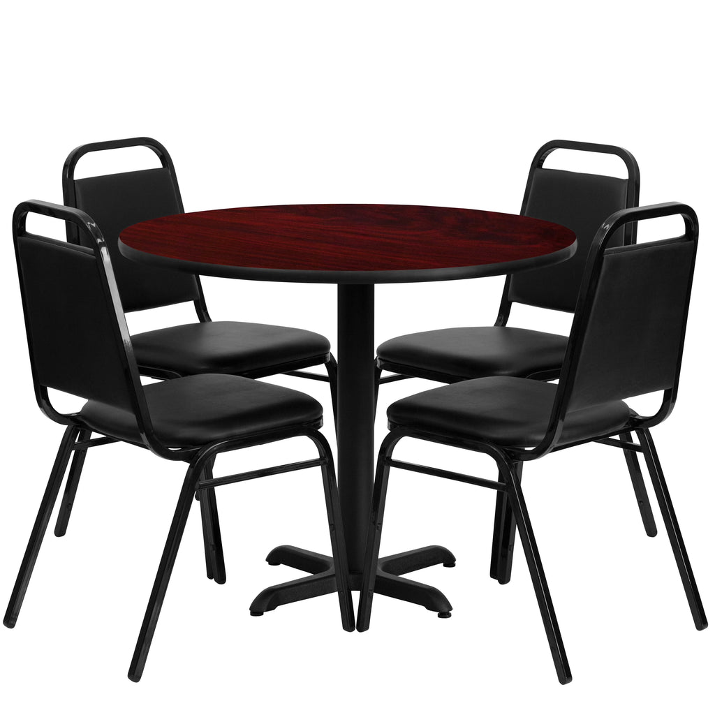 36'' Round Mahogany Laminate Table Set with 4 Black Banquet Chairs B750