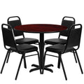 36'' Round Mahogany Laminate Table Set with 4 Black Banquet Chairs B750
