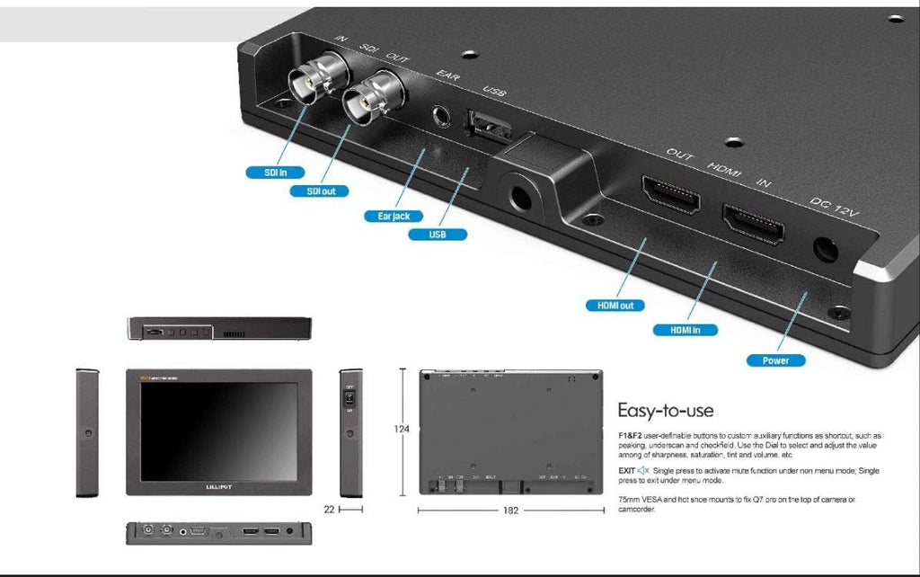 7 Q7 Pro Field Monitor 1920x1200 Metal with HDR 3D-LUT SDI/HDMI Cross Conversion Waveform Peaking Precise Color Calibration Gamma Adjustment + Pisen LP-E6 Battery K6391