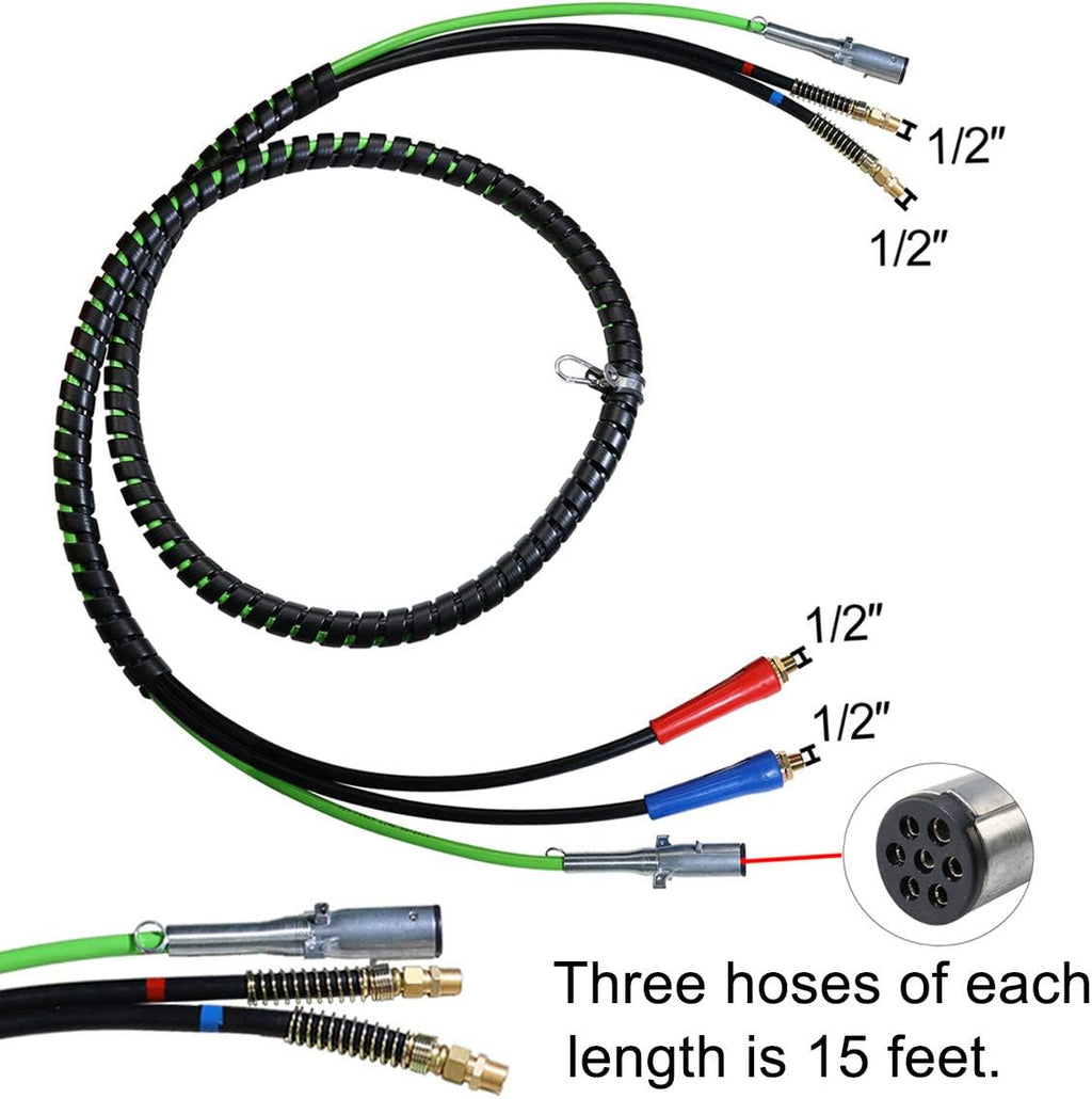 15Ft 3 in 1 ABS 7 Way Electrical Cable and Rubber Air Line Hose Wrap Assembly with Aluminum Service Emergency Glad Hands and Extension Handles for Semi Truck Trailer Tractor E621638