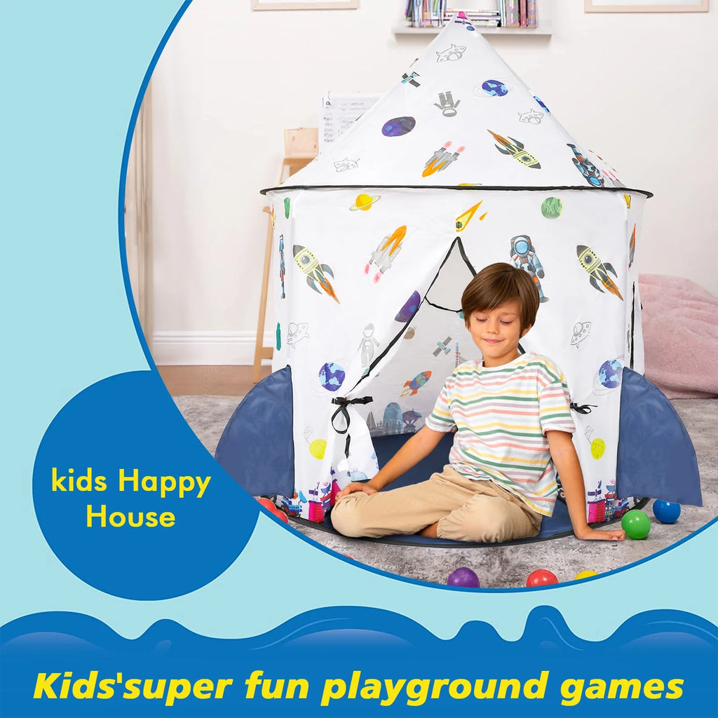 Kids Tent Rocket Ship Toy Foldable Space Themed Indoor Outdoor Large Play Tent C872