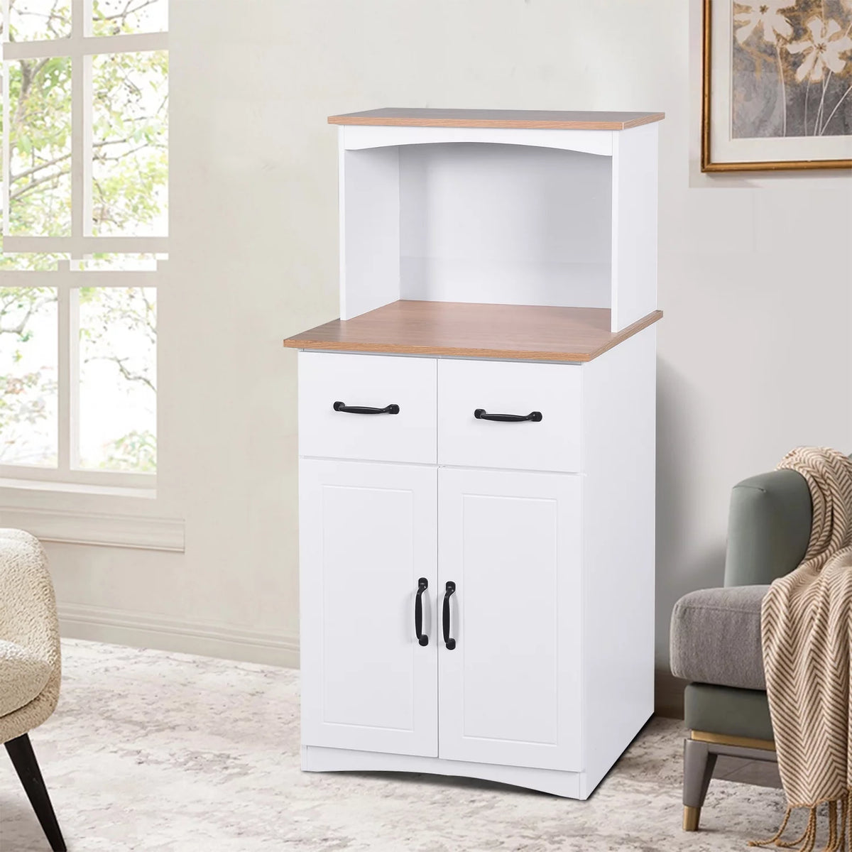 White Wooden Microwave Storage Cabinet with Adjustable Shelf N92216