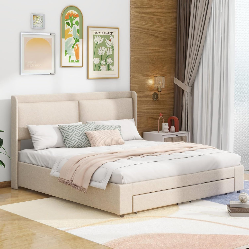 Beige Queen Size Platform Bed Frame with Lift Up Storage and 2 Drawers G356411