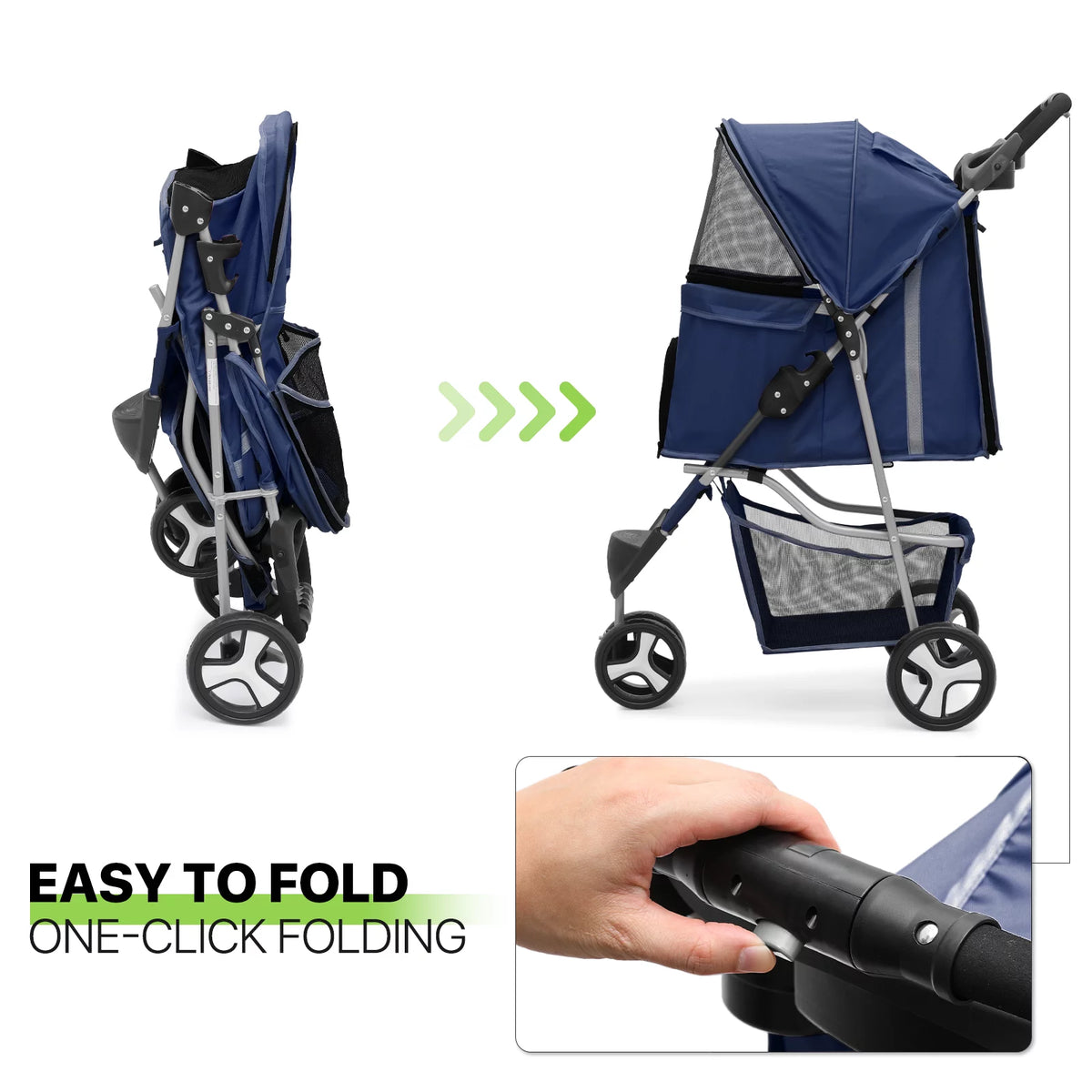 Foldable Pet Stroller with Wheels, Storage Basket and Cup Holder, Navy Blue S7069