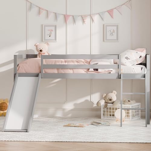 White Twin Wood Bunk Bed with Slide and Ladder J231279