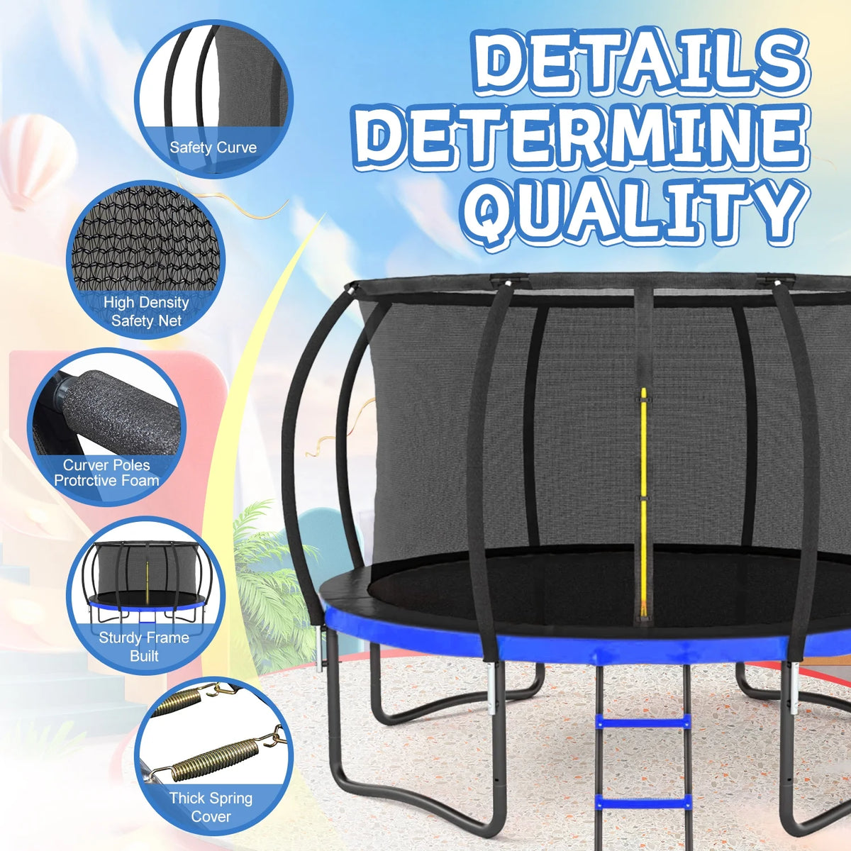 12 FT Outdoor Children's Trampoline with Safety Fence Net, Ladder, PVC Spring Cover Pad X174