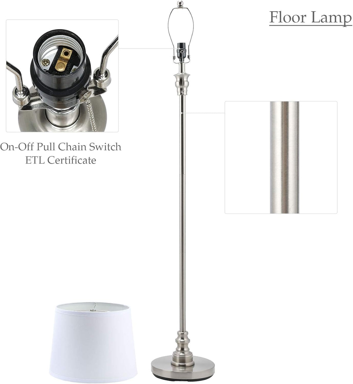 3 Lamp Set with White Fabric Shade Table and Floor Lamp Steel Finish P815