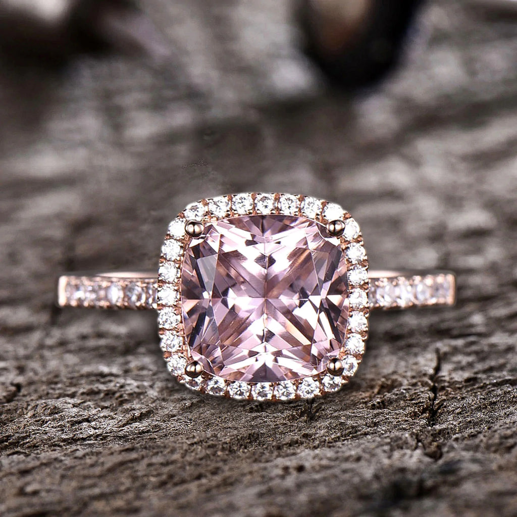 10mm 4.75 Carat Cushion Cut Pink Morganite 10k Rose Gold Halo Engagement Ring C64160