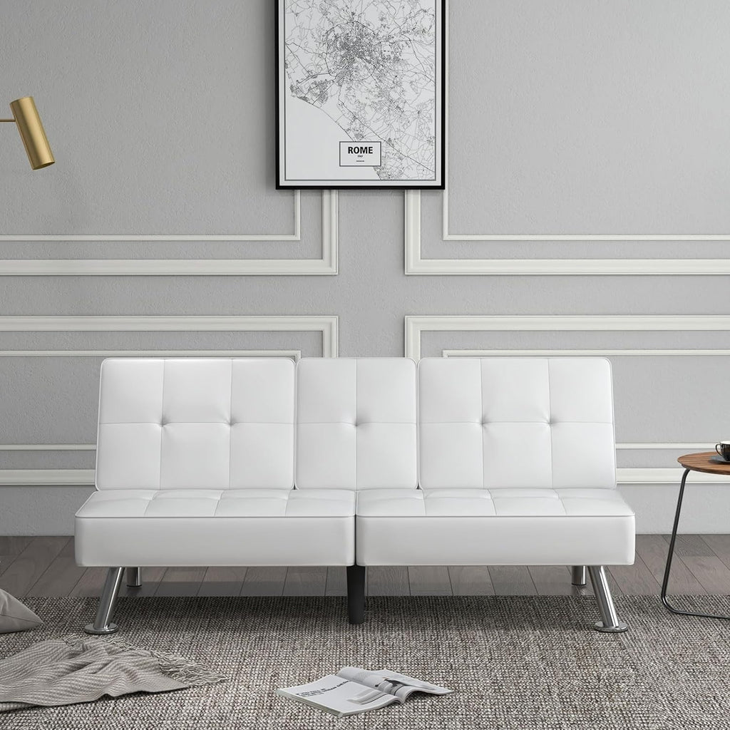 White Faux Leather Convertible Sofa Bed with 2 Cup Holders Z16130
