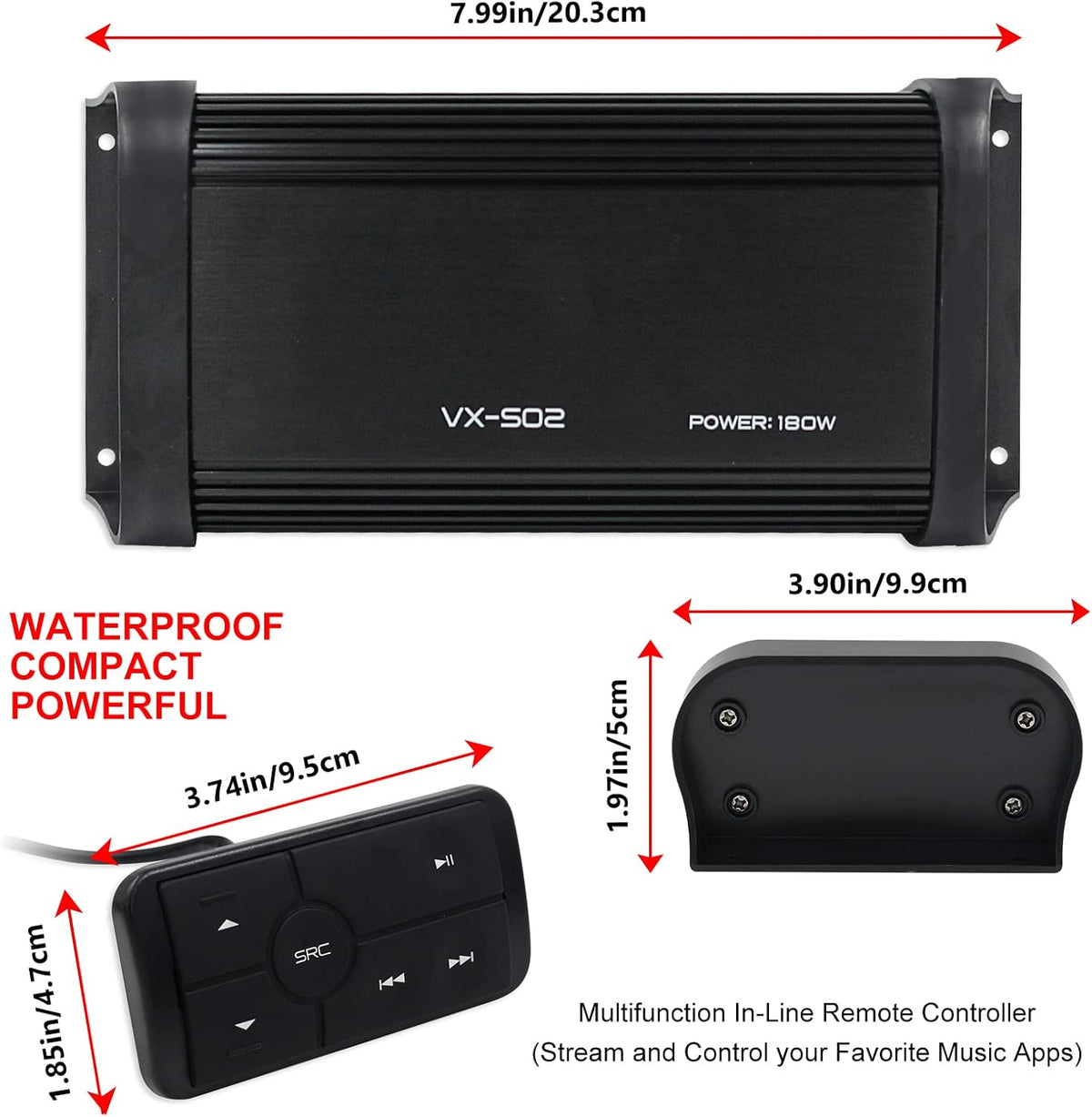 180 Watts 4 Channel Waterproof Marine Bluetooth Amplifier W34054