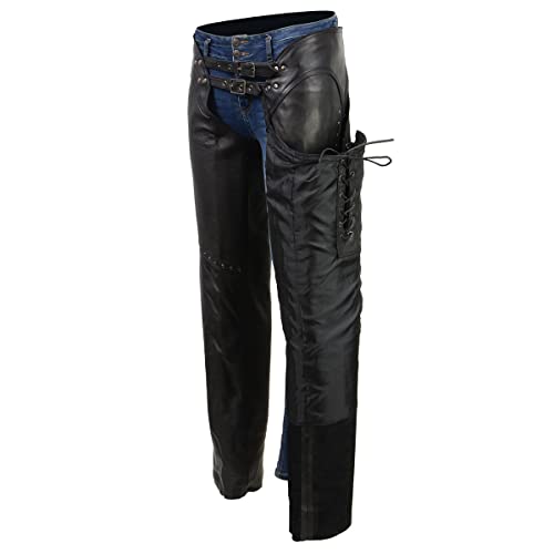 Black Low-Rise Waist Front Double Buckle Rivet Detailing Motorcycle Chaps P2352