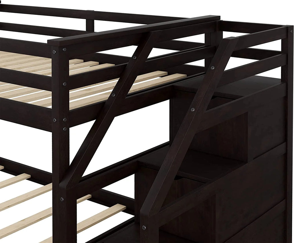 Espresso Wooden Over Bunk Bed with Trundle and 3 Storage Stairs Y7010
