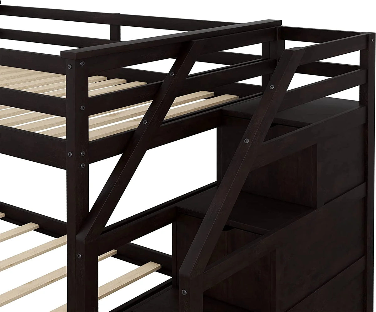 Espresso Wooden Over Bunk Bed with Trundle and 3 Storage Stairs Y7010