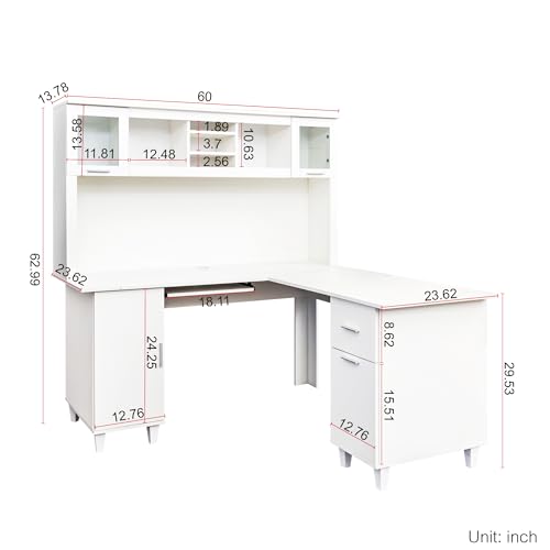 White Desk with Storage 2-Tier Open Shelves 1 Drawers and 1 Cabinet R734