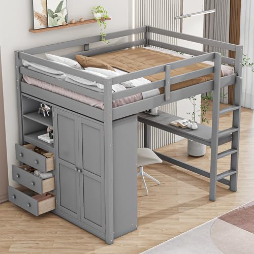 White Solid Wood Full Size Loft Bed with Desk and Drawers O9785