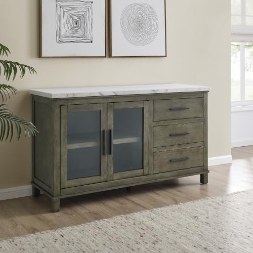 White Marble Top Server Dark Brown Sideboard Buffet Coffee Bar Cabinet K557385