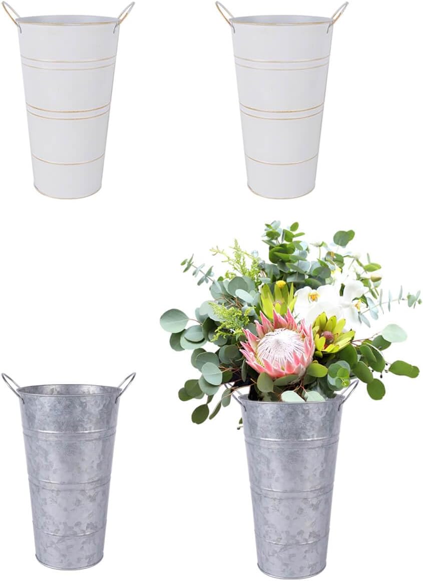 2 Pcs White and 2 Pcs Silver Galvanized Metal Vases with Handles Q754
