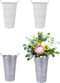 2 Pcs White and 2 Pcs Silver Galvanized Metal Vases with Handles Q754