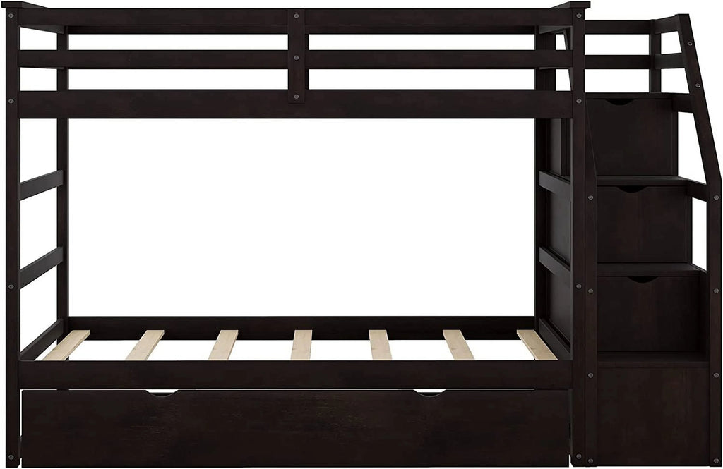 Espresso Wooden Over Bunk Bed with Trundle and 3 Storage Stairs Y7010