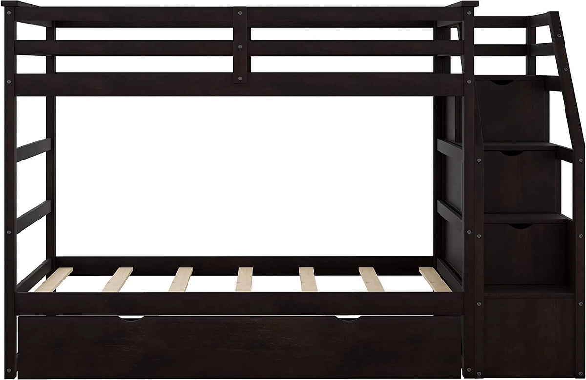 Espresso Wooden Over Bunk Bed with Trundle and 3 Storage Stairs Y7010