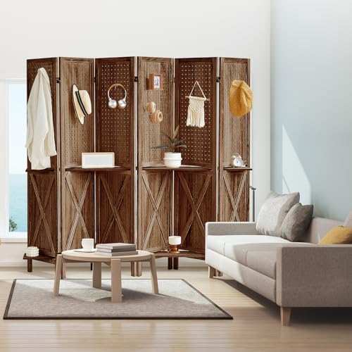 Brown Wooden Pegboard Room Divider with 16 Hooks U920382