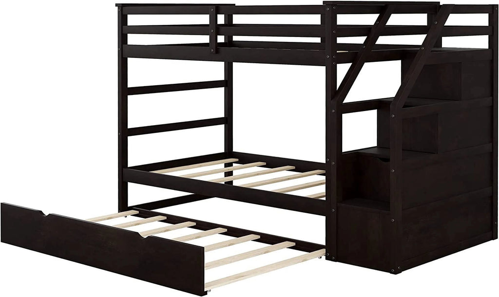 Espresso Wooden Over Bunk Bed with Trundle and 3 Storage Stairs Y7010