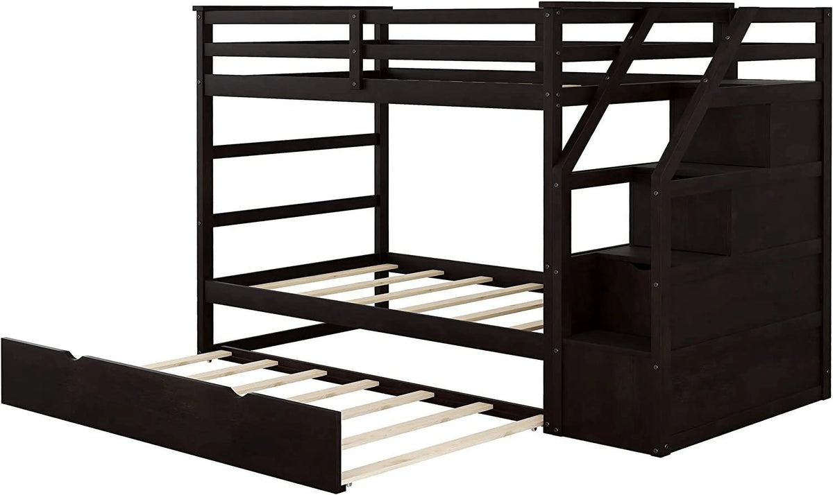 Espresso Wooden Over Bunk Bed with Trundle and 3 Storage Stairs Y7010
