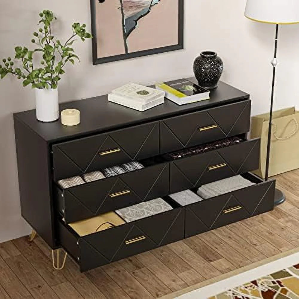 Black 6 Drawer Wood Dresser N5553