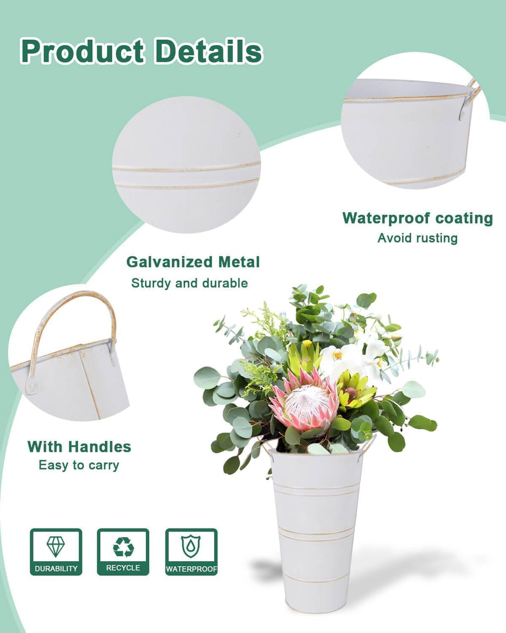 2 Pcs White and 2 Pcs Silver Galvanized Metal Vases with Handles Q754
